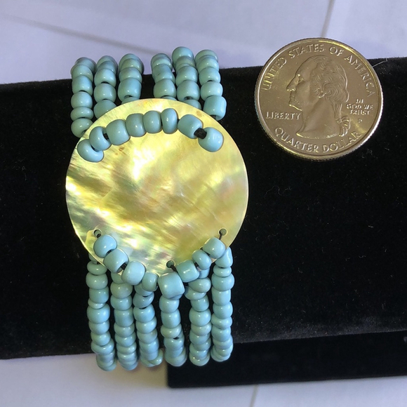 Light Blue Glass Beaded Multi Strand Abalone Shell Boho Bracelet - Picture 4 of 4